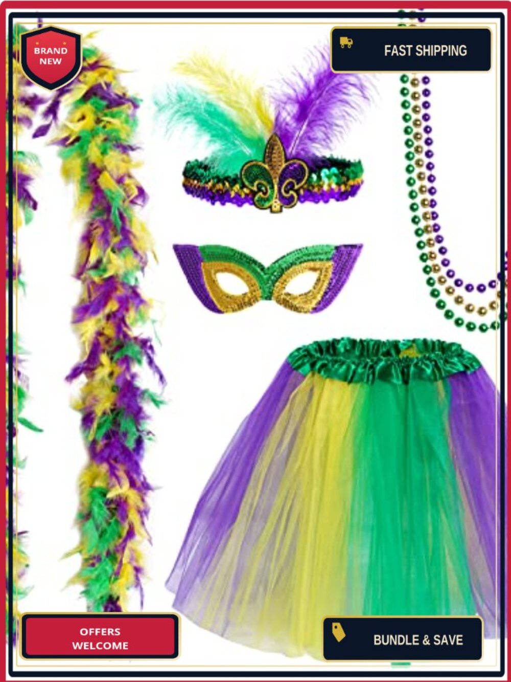 Mardi Gras Costume Set Tutu Feather Boa Lace Mask Beads One Size